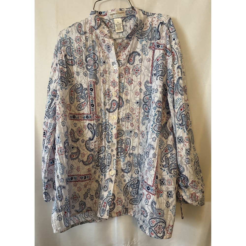 Drapers and Damons Sheer Blouse Red White Blue Paisley Long Sleeve Tie Cuff PL‎